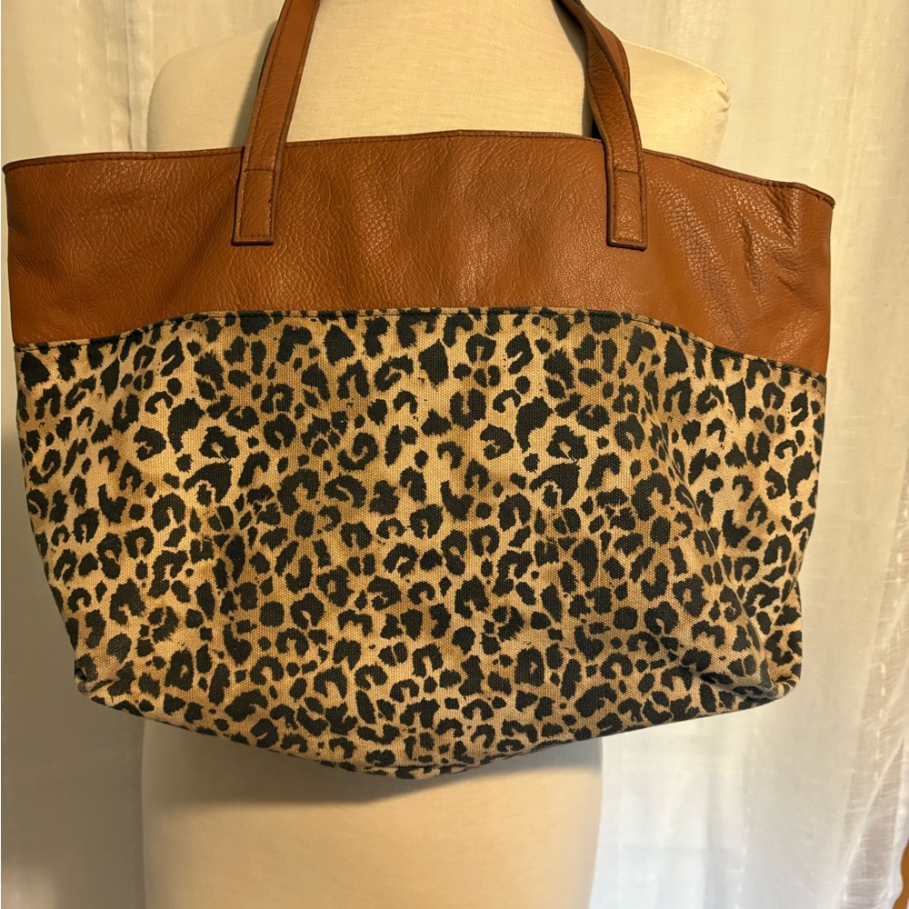 Leopard Print Tote Bag with Brown Leather Trim